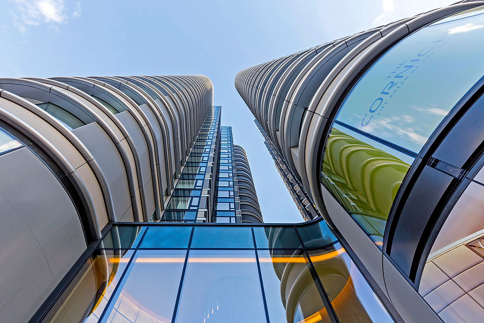 Looking up into the glass and sky. The amazing architecture of The Corniche, a prestigious development situated on Albert Embankment in the heart of SE1