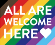 the following text in white font: "all are welcome here" with a white heart overlapped on a spectrum of colors. 