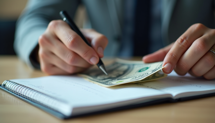 Close-up view of a man’s hands counting money and writing in a budget notebook