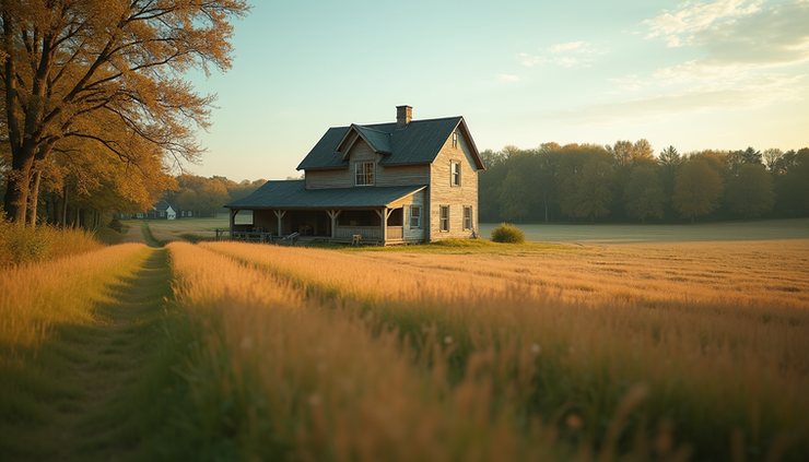 Eye-level view of a rustic farmhouse surrounded by open fields and trees