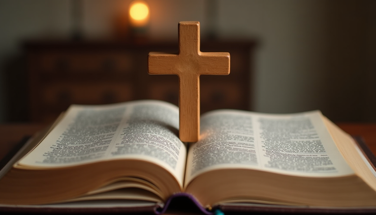 Eye-level view of a wooden cross on a family altar with an open Bible