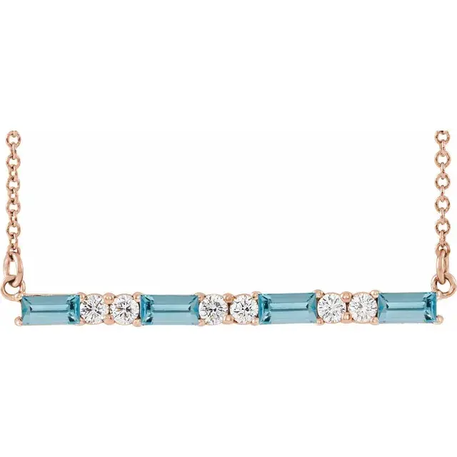 Thumbnail: 14K Rose Gold Natural Aquamarine & Natural Diamond Bar 16-18" Necklace front view