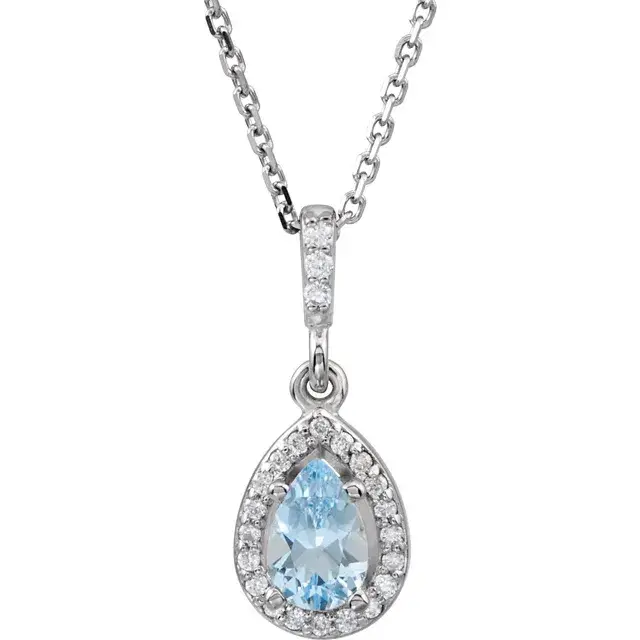 14K White Gold Natural Pear Cut Aquamarine & Natural Diamond 18" Necklace front view