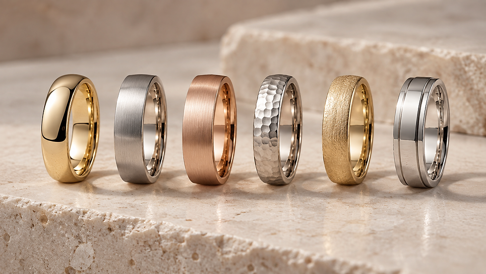 Six metallic wedding bands in gold, silver, rose gold, hammered silver, textured gold, and platinum on a beige stone surface.