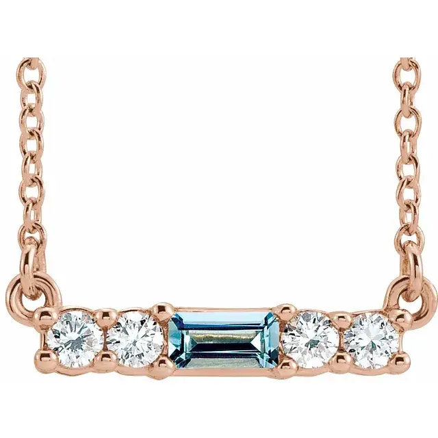 14K Rose Gold Natural Aquamarine & Natural Diamond 18" Necklace close up view