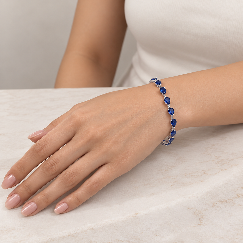 11.7Ct Pear shaped Blue Sapphire Link Tennis Bracelet 14K White Gold On Model