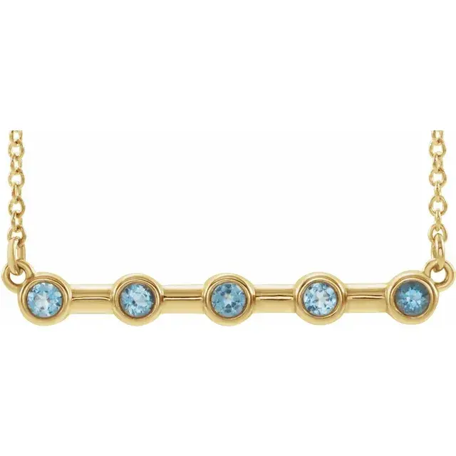 Thumbnail: 14K Yellow Gold Natural Aquamarine Bezel Set Bar 18" Necklace close up view