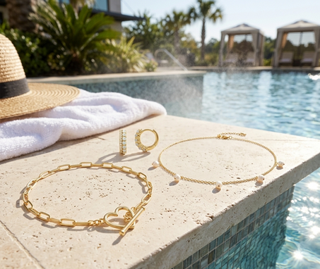 Gold bracelet, earrings and pearl necklace on a pool ledge beside a sunhat and towel, in a sunny resort setting.