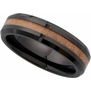 Thumbnail: Black Ceramic Beveled Band with Cypress Wood Inlay