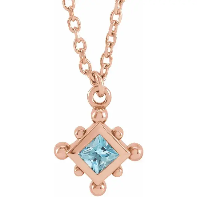 Thumbnail: 14K Rose Gold Natural Princess Cut Aquamarine Bezel-Set Beaded 16-18" Necklace front view