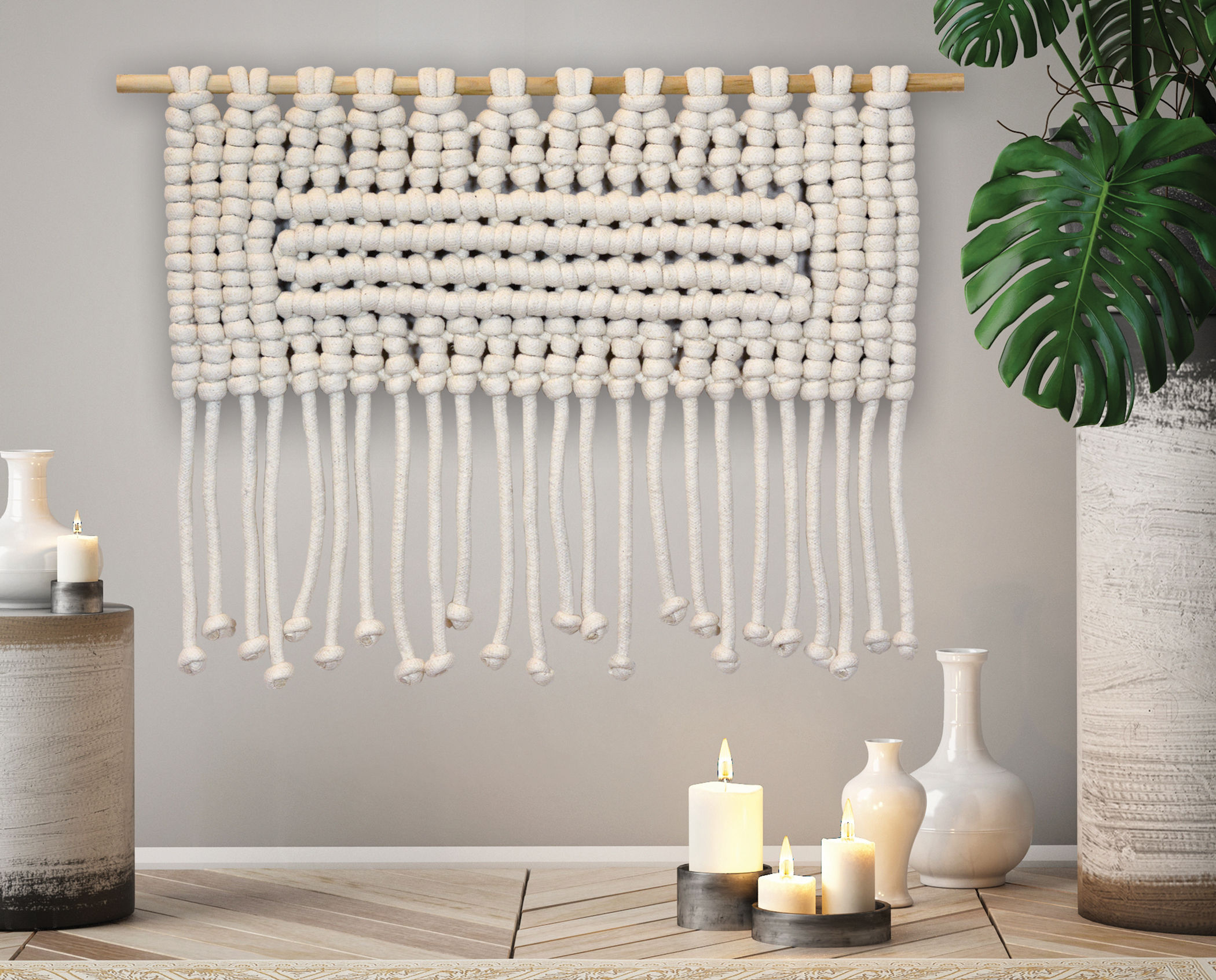 Figure I – Large Monochromatic Geometric Macrame in Ecru