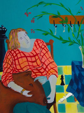 woman wearing an orange check top and green trousers, sitting in a chair with a bear's head on her lap. Blue and yellow check floor. turquoise wall. table with blue checked tablecloth and vase with flowers. Wooden rack with keys hanging from it on the wall