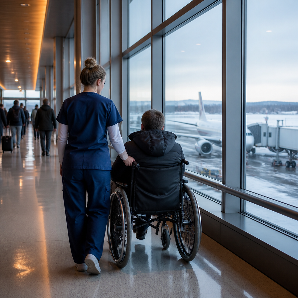 Nurse escort assisting a patient in a wheelchair through a winter airport terminal toward the boarding gate.
