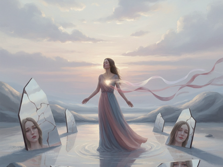 Surreal digital artwork of a solitary woman in a misty, ethereal landscape with shattered mirrors, inspired by the poem 'The End of the Illusion,' representing heartbreak, self-discovery, emotional freedom, and liberation from love—ideal for poetry illustration and inspirational art.