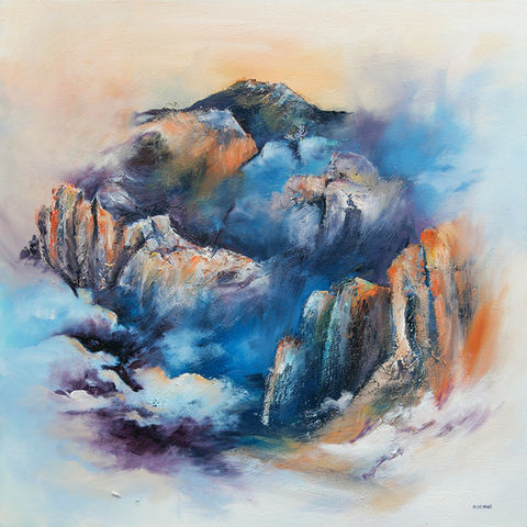 Contemporary abstract landscape painting with mountains and hands closing as if to protect someone. Created by the artist Auriane Phillippon (Auriane studio)