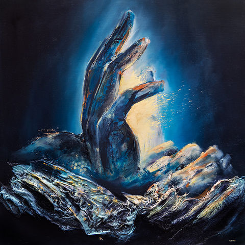 Abstract landscape relief painting with a hand in the center emitting light. Created by the artist Auriane Phillippon (Auriane Studio)