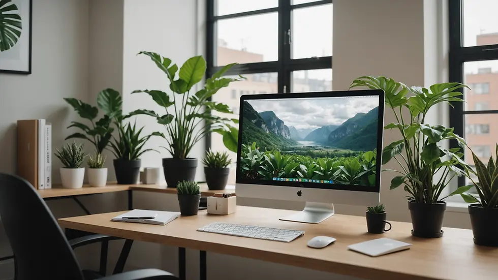 Eye-level view of a modern workspace with a computer and plants