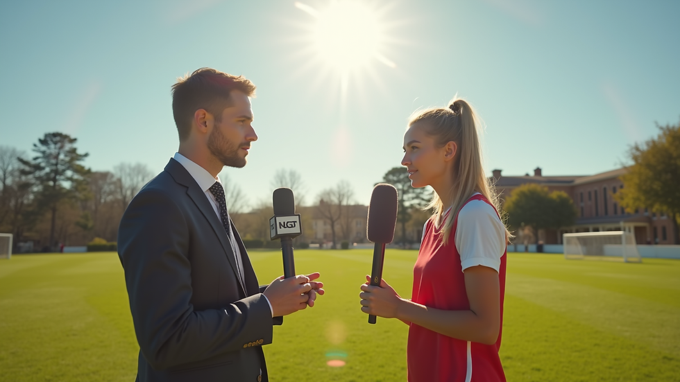 Eye-level view of a female sports journalist interviewing an athlete on a sunny field