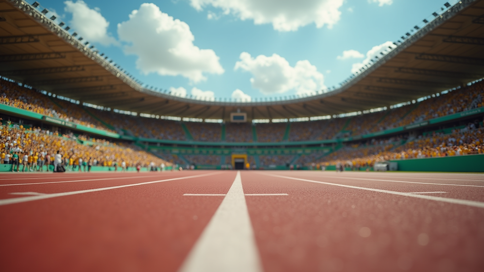 Close-up view of a Jamaican track and field stadium filled with cheering fans