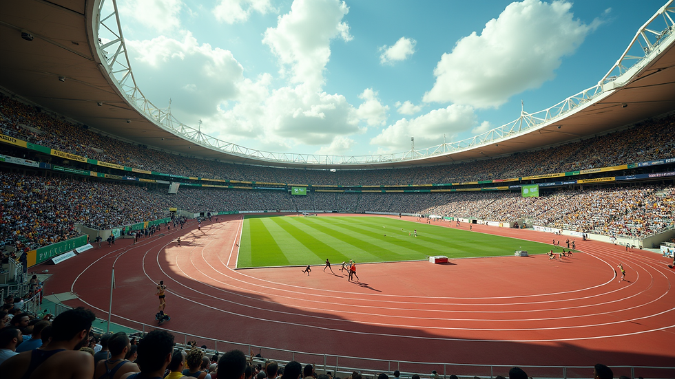 Wide angle view of a packed stadium during a Jamaican track and field event
