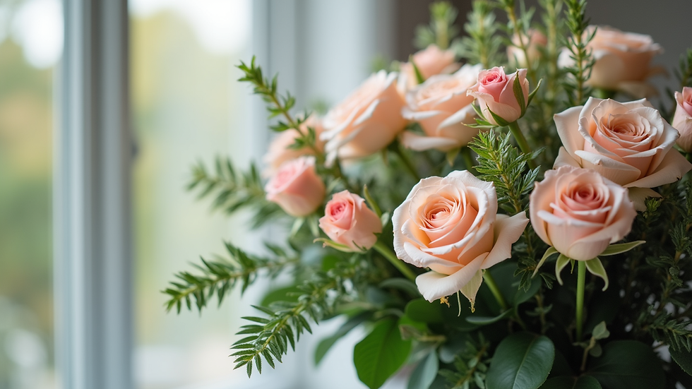 Eye-level view of a sympathy floral arrangement with pastel roses and greenery