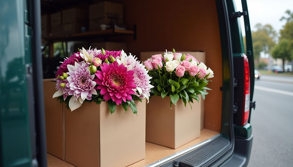 High angle view of a delivery van with fresh flower boxes ready to be sent across Sydney