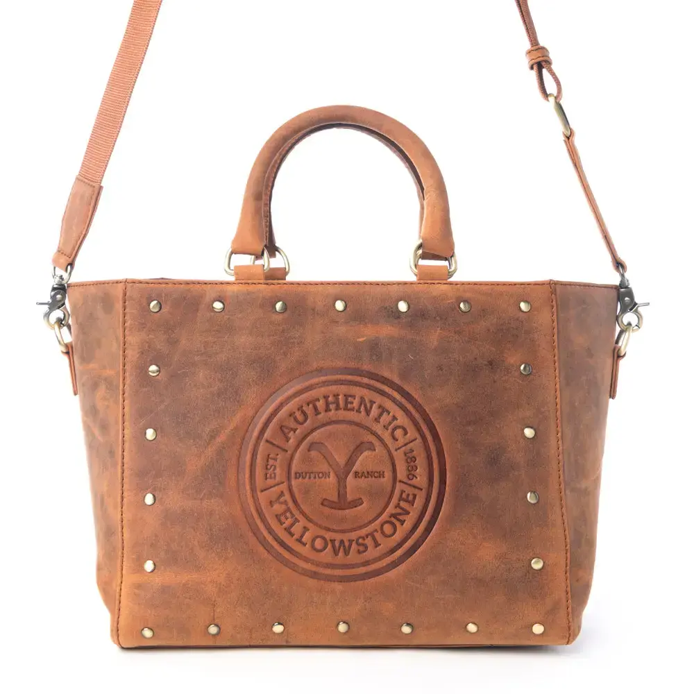 Myra Yellowstone Valley Soul Studded & Embossed Tote Leather Bag in Amber