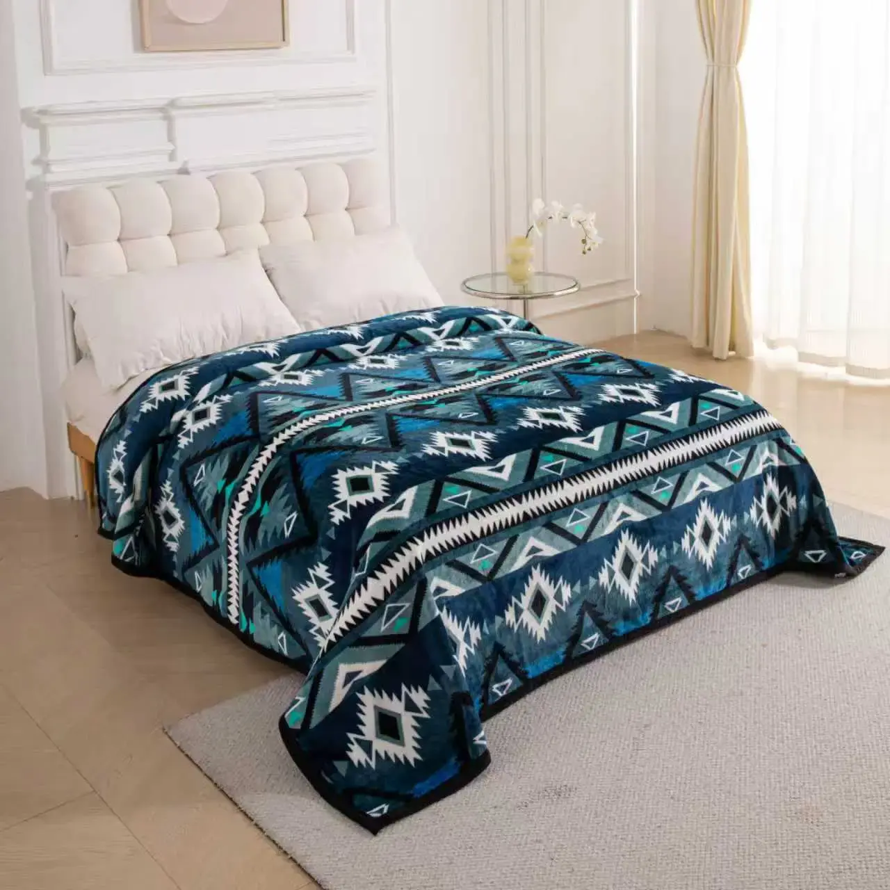 Navy Blue Southwest Aztec King Size Super Plush Blanket