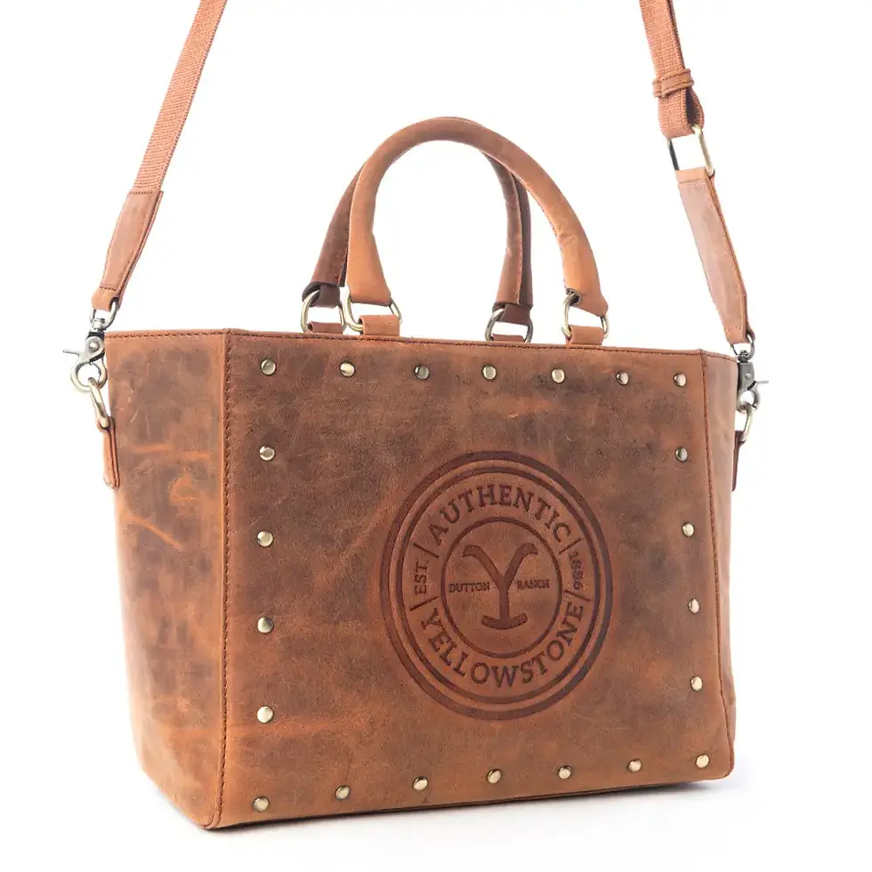 Thumbnail: Myra Yellowstone Valley Soul Studded & Embossed Tote Leather Bag in Amber