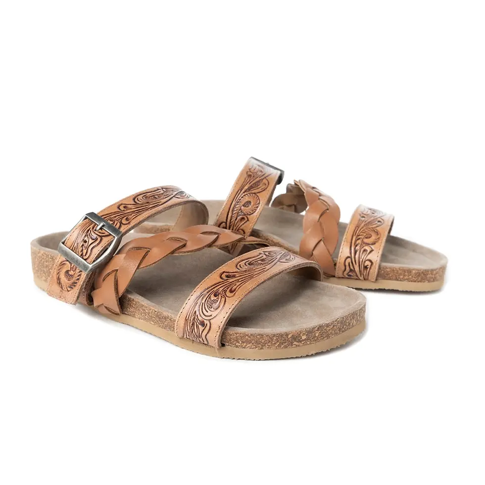 Thumbnail: Myra Dustbark Handtooled Leather Sandals in Rustic Tan