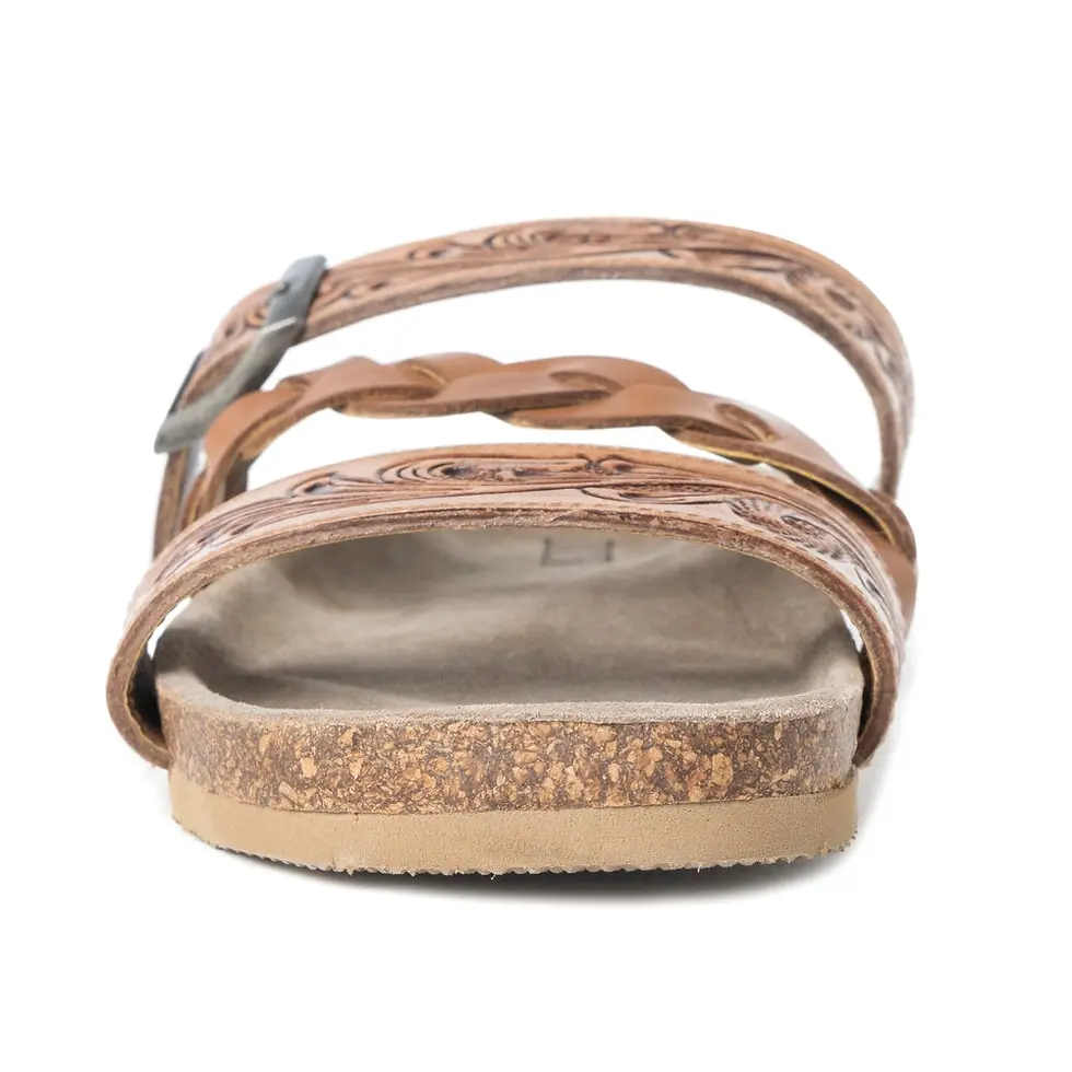 Thumbnail: Myra Dustbark Handtooled Leather Sandals in Rustic Tan