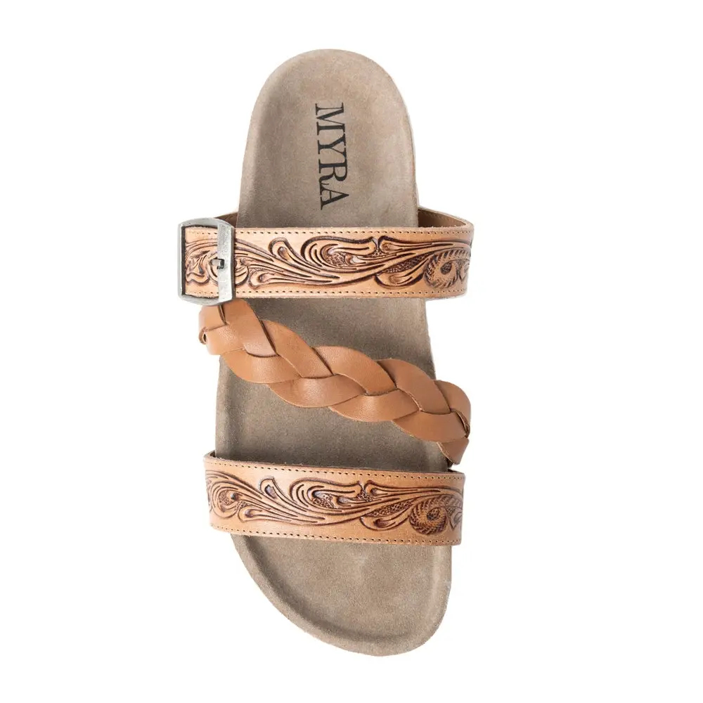Myra Dustbark Handtooled Leather Sandals in Rustic Tan