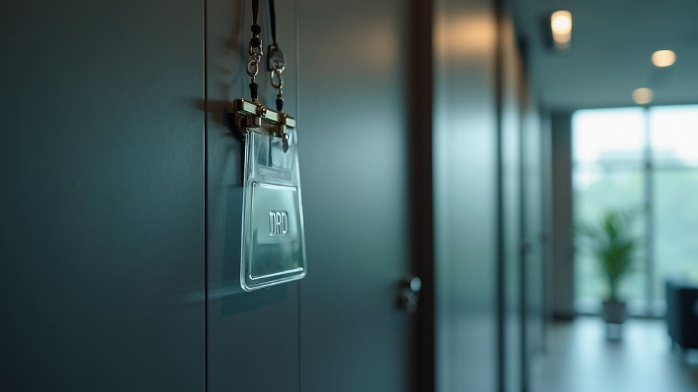 Close-up view of a transparent security badge hanging on a wall