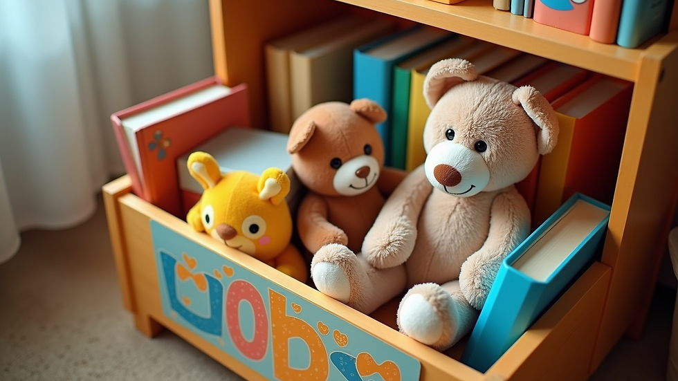 High angle view of a colorful wooden toy box filled with books and plush toys