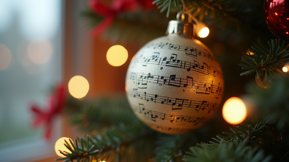 Close-up view of a festive holiday decoration with musical notes.