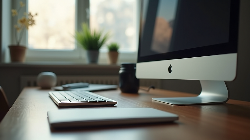 Eye-level view of a computer desk displaying a soft-lit workspace