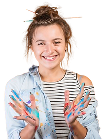 Smiling artist with paint-covered hands at a vibrant Paint N Sip studio.