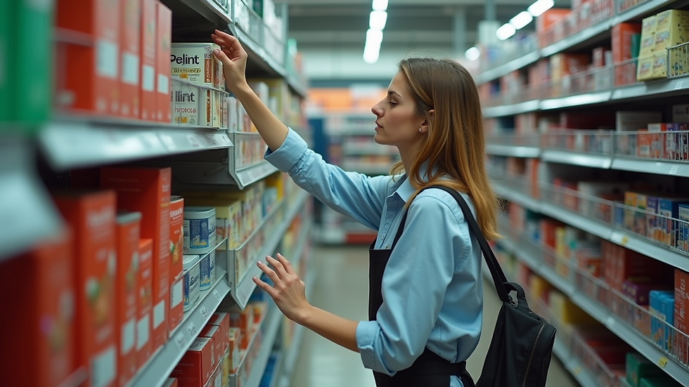 High angle view of a retail manager arranging promotional materials on shelves