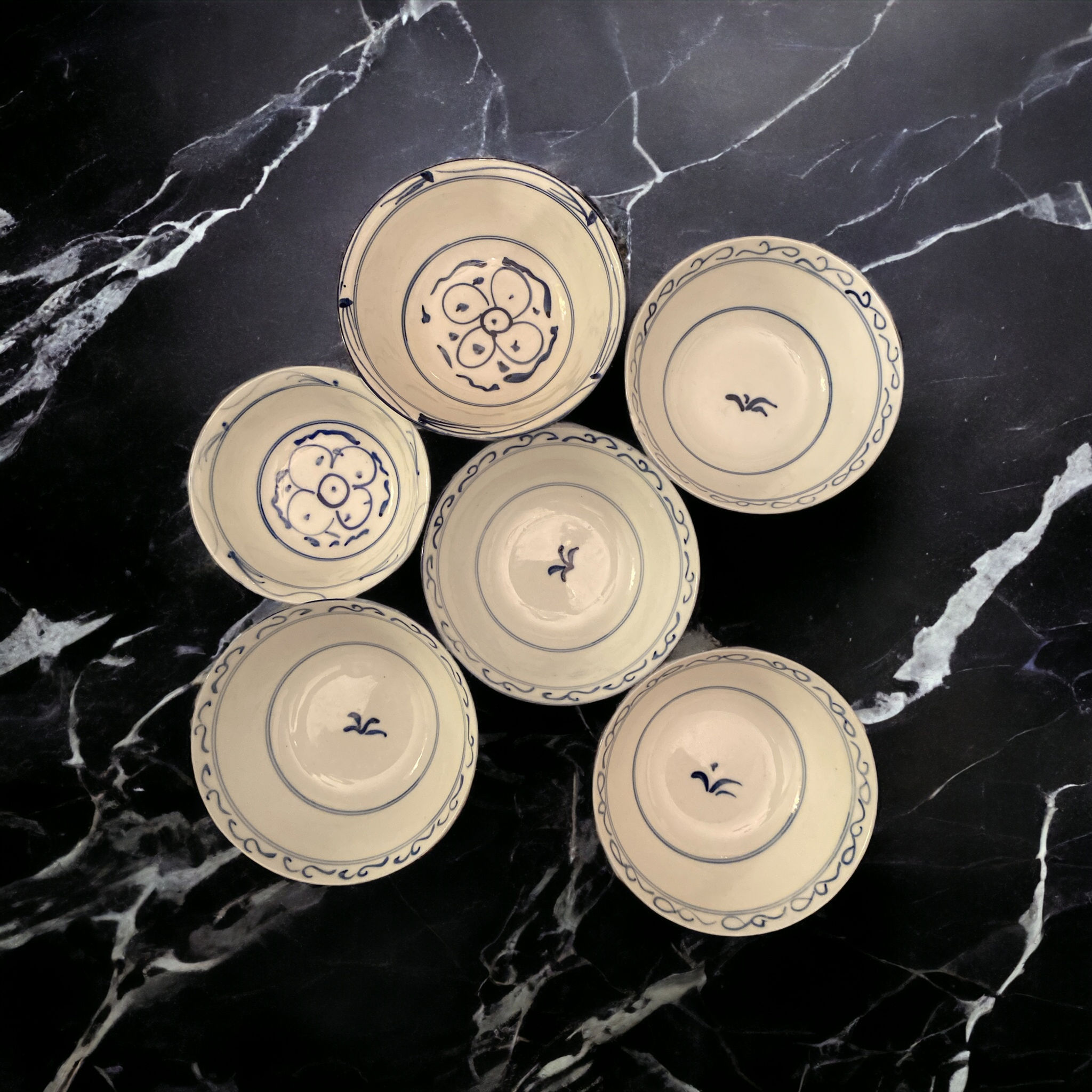 Vintage Set Of 6 Blue&White Chinese Rice Grain Coupe Soup Bowls