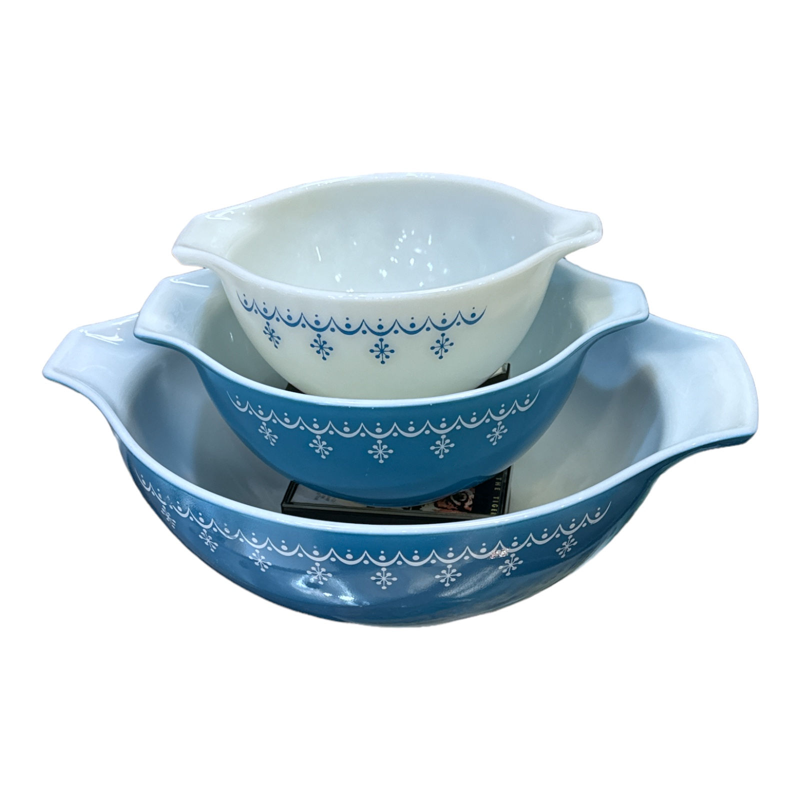 VTG Pyrex SNOWFLAKE GARLAND Blue & White Cinderella Mixing Nesting Bowl Set 3