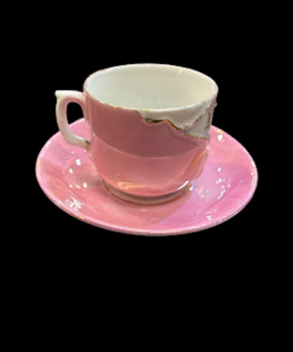 Thumbnail: Antique "A Present" Cup Saucer Victorian Lusterware Porcelain Germany Pink Gift 