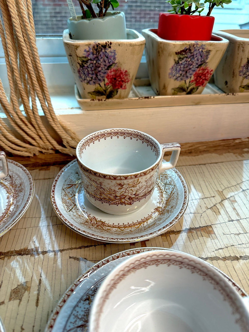 Thumbnail: Johnson Bros England 1893 Antique Lace Transferware Tea Coffee Cup Saucer Set 4
