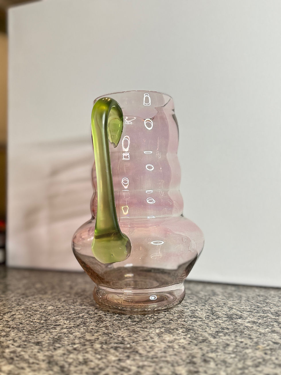 Thumbnail: VINTAGE DUNBAR WATERMELON PINK GLASS PITCHER GREEN HANDLE DEPRESSION RIBBED 10"