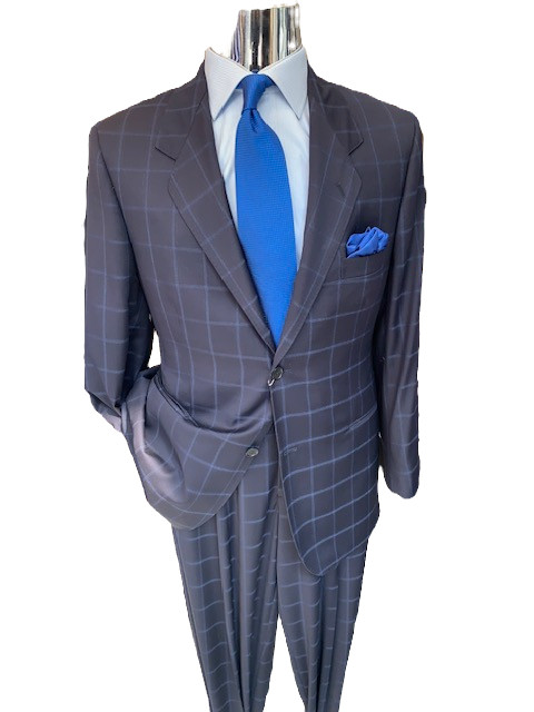 Wool Midnight Blue and French Blue Window Pane Two Button Suit
