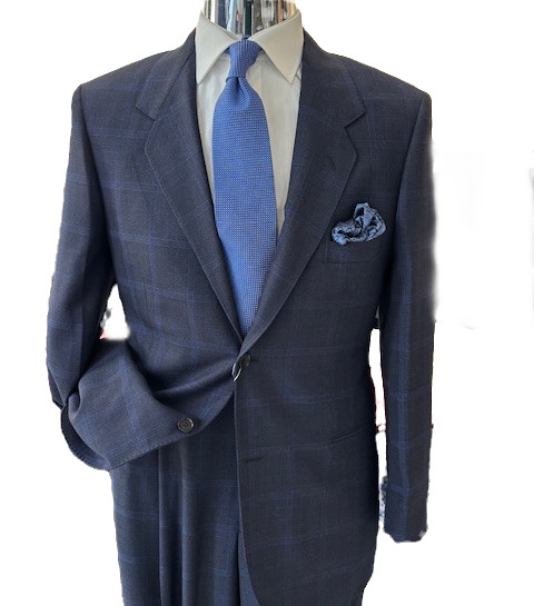 Wool Navy Blue and Royal Blue Window Pane Two Button Suit