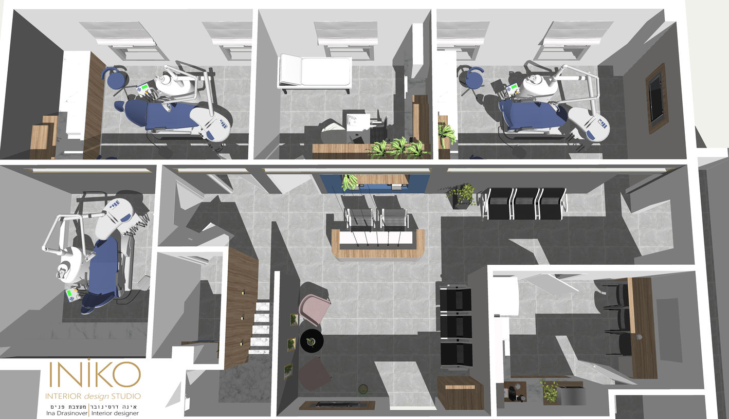  MCH מרפאת השיניים
עיר: חולון
שטח: כ 120 מ"ר
מרפאת השיניים רוצ'מן-חסלוביצר הוקמה בשנת 1987 על ידי ד"ר דיאנה רוצ'מן וד"ר מרכוס חסלוביצר - מומחים ברפואת שיניים, ובעלי מוניטין רב שנים בתחום בריאות הפה והשיניים. זוג רופאים ותיק ומבוקש בעיר חולון
לאחרונה עברה מרפאת השיניים לכתובתה החדשה בעיר והזמינה אותי (כשאני מתרגשת עד מאוד מהמעמד) לתכנן להם את מעונם החדש
לידיי קיבלתי מבנה שהקבלן רק סיים לבנותו ואני עמדתי מול מעטפת קירות עירומה ומול אתגרים רבים
אחד האתגרים היה התהייה איך ליצור תכנון שיתאים להרגלים של זוג הרופאים הנהדר שרגיל למרפאה ששירתה אותם נאמנה מעל 30 שנה ועדיין ליצור משהו חדשני עם תחושה של בית
וכמובן היו האתגרים הטכניים של תכנון חדרי טיפולים, מערכות אינסטלציה, חשמל, מיזוג אוויר המותאמים למתקן רפואי, מערכות סטריליזציה, קירות במילוי יחודי נגד קרינה, אזור אחסון של ארכיון, אזור מנוחה לצוות, תכנון תאורה פונקציונית ודקורטיבית, הנגשה של המרפאה, וראייה עיצובית חדשנית למרפאה שהיא מוסד של ממש בעיר
בפועל חודשים ארוכים עמלתי על תכנון של כל התוכניות השונות ועמדתי מול הגורמים הרשמיים בכדי לוודא תקינות התוכניות. תכננתי לכל החללים נגרויות בהתאמה ארגונומטרית אישית ותוך חודשים הוצאנו לפועל את כל התכנון הנרחב והמרגש המוצג בפניכם
הקו העיצובי שכיוונתי אליו היה לשדר ניקיון ומרחב פתוח ככל האפשר, אך מנגד רציתי ליצור תחושת חמימות מרגיעה ומאופקת שתשדר את אופי המקצועי, החם והמוקפד של המרפאה ושל הצוות המקסים שפועל בה. בחרתי להשתמש בעץ כדי לשדר חמימות וגוונים של כחול, זהב, וורוד עדין שחוזרים על עצמם לאורך כל חללי המרפאה. את השירותים ואת גרם המדרגות במרפאה חיפיתי באלמנט של עץ עם חריצי הצצה שהוא אלמנט מאוד מרכזי שחוזר על עצמו גם בחדרי הטיפולים המאפשרים חדירת אור טבעי לאזור ההמתנה. בכדי להשלים את הקו העיצובי עיצבתי משאריות החומרים קישוט קיר בכניסה לחלל ההמתנה