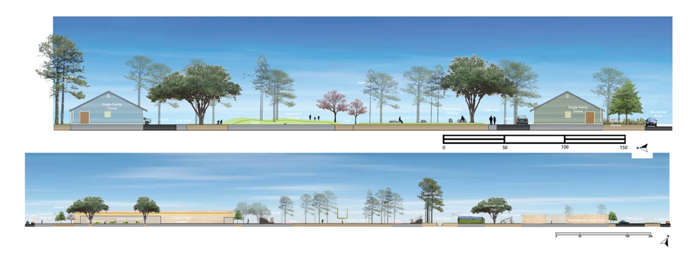 Sections of Housing with Central Park and School with Football Field