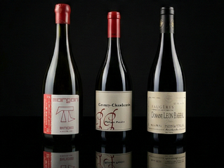 Three iconic natural wine bottles: Jean Foillard Morgon Cuvée 3.14, Philippe Pacalet Gevrey-Chambertin, and Domaine Léon Barral Faugères, symbolizing the trilogy of non-interventionist winemaking.