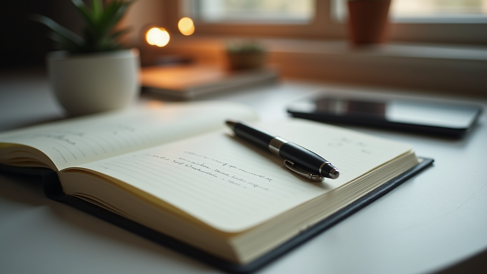 Close-up view of a journal and pen on a desk, tools for self-reflection