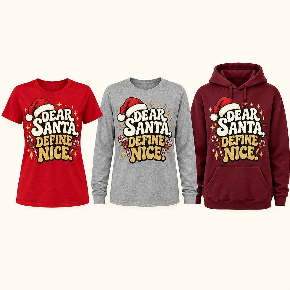 Thumbnail: Christmas — Dear Santa, Define Nice — illustrative short sleeve, long sleeve and hoodie mockups